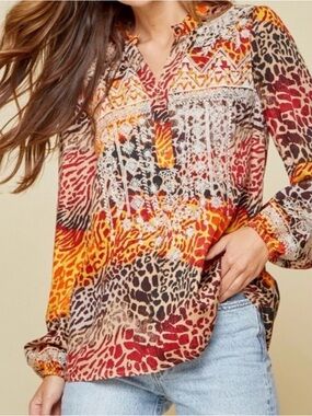Savanna Jane Boho Animal Print Peasant Blouse - Multicolor Size Medium
